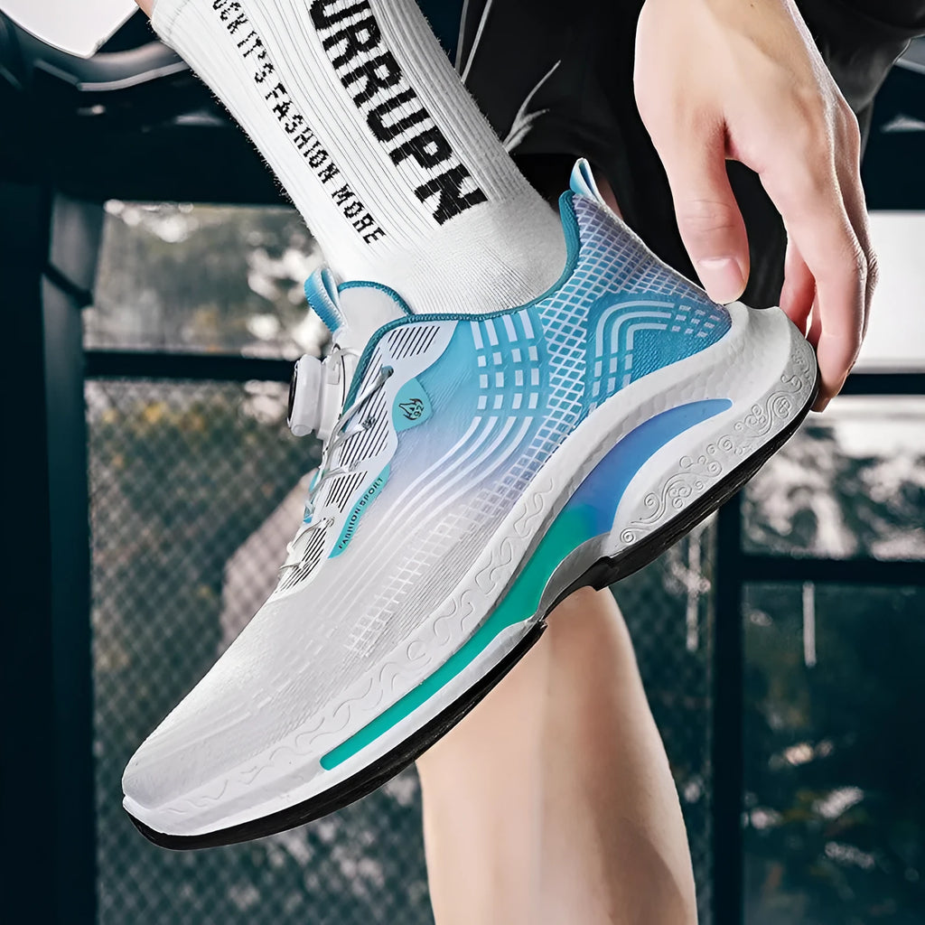 Men's white and blue sneakers with mesh lining and a rotating buckle closure on a rubber sole.