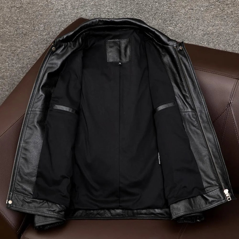 Men's black plus-size loose-fit PU leather lapel jacket with side pockets.