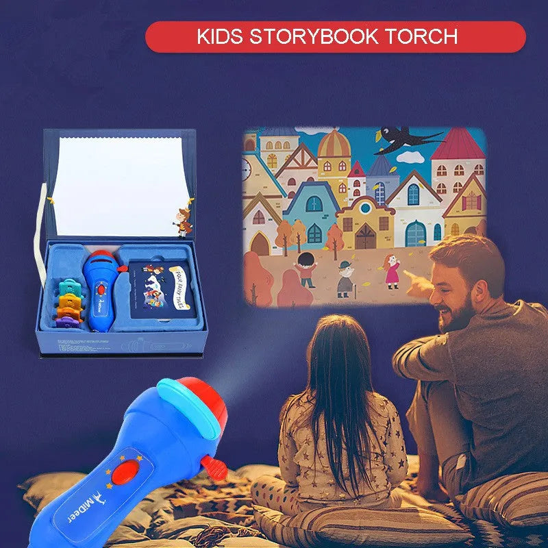 SmartKids children's story projector torch with fairy tale discs projecting images on wall