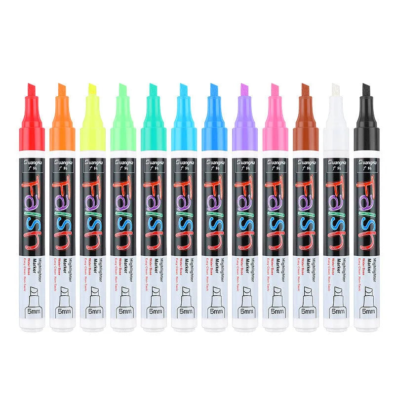 Electronic fluorescent plate highlighter with plastic shell and oblique tip, showing 8-colour and 12-colour set options.