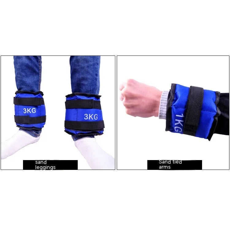 Pair of Oxford cloth legging sandbags for weighted athletic training on a track.