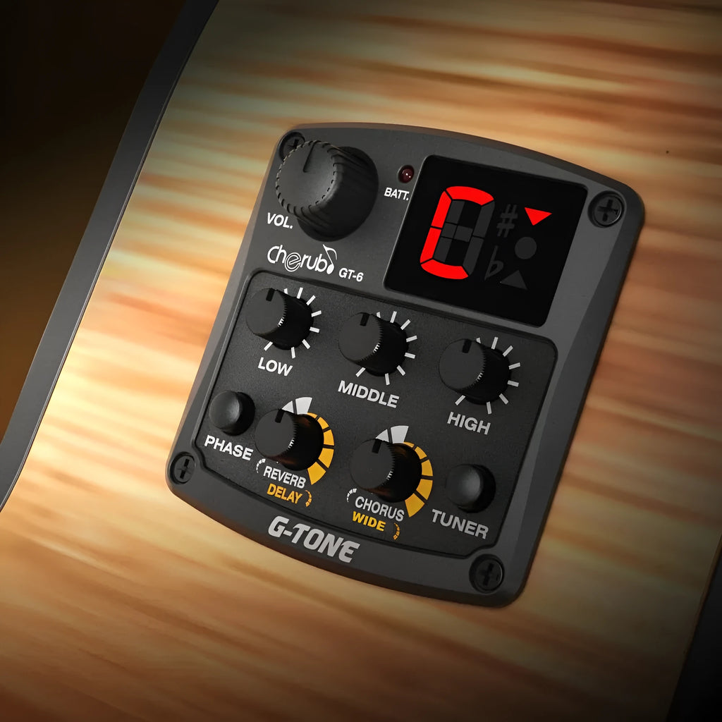 Black Cherub GT-6 acoustic guitar EQ equalizer and piezo pickup with control knobs for effects and tone.