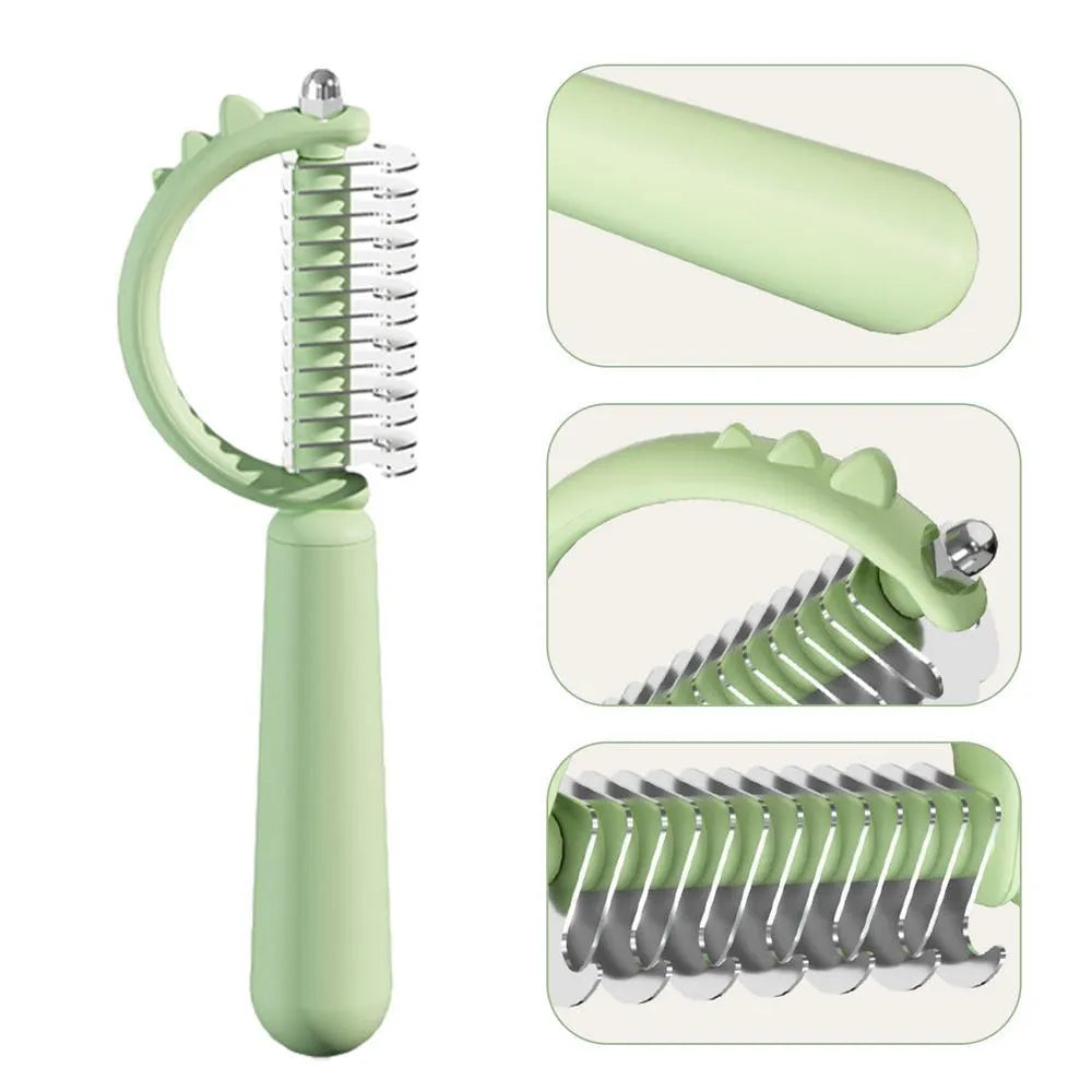 Self-cleaning cat brush with cute dinosaur shape, double-sided stainless steel pins, blue colour option