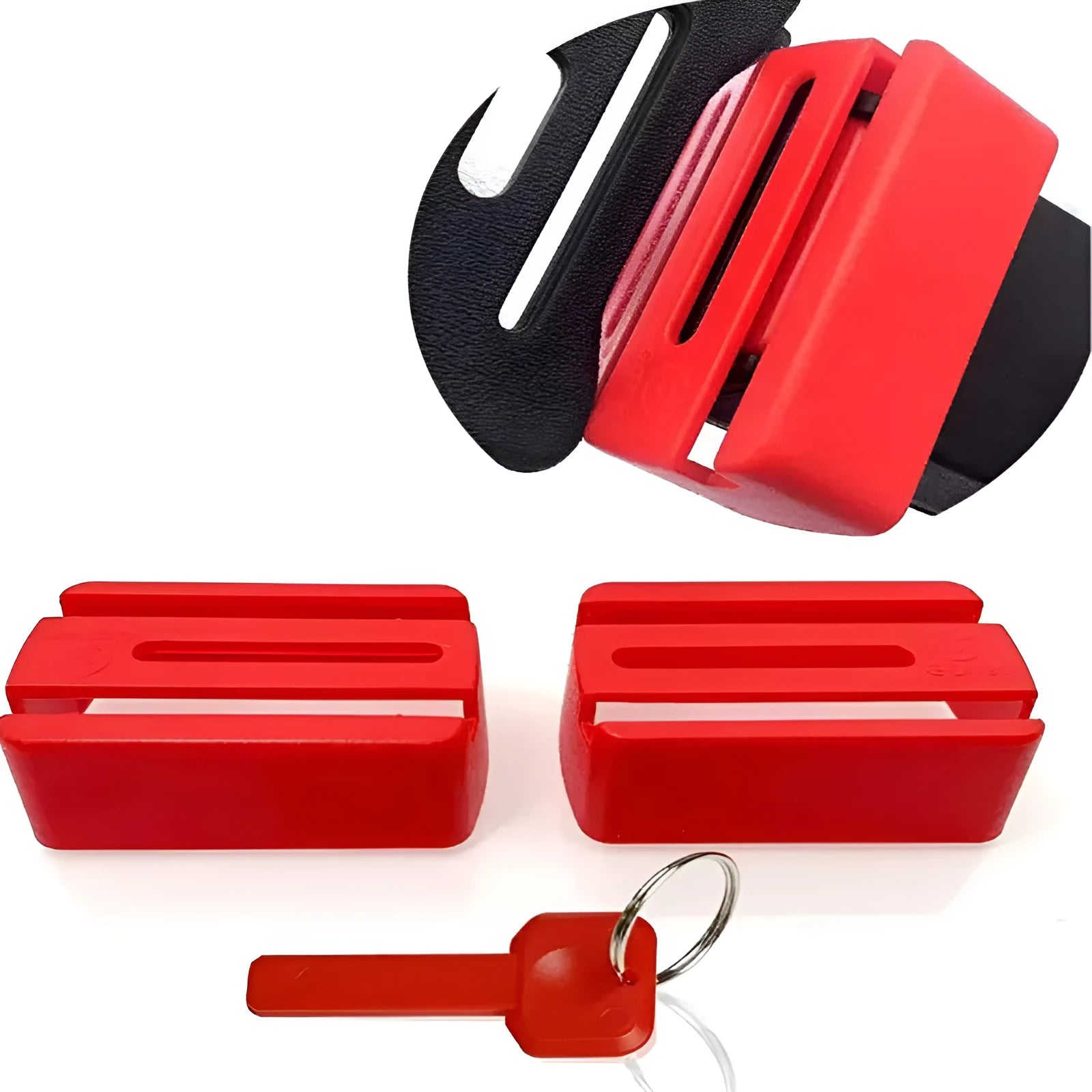 Black plastic ABS seat belt lock catch clamp holder installed on car seat belt webbing