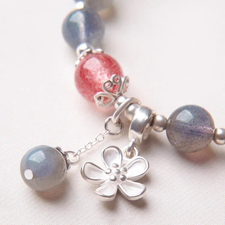Moonlight lime strawberry crystal bracelet for women, 925 silver setting with 7.5mm grey moonlight stone beads