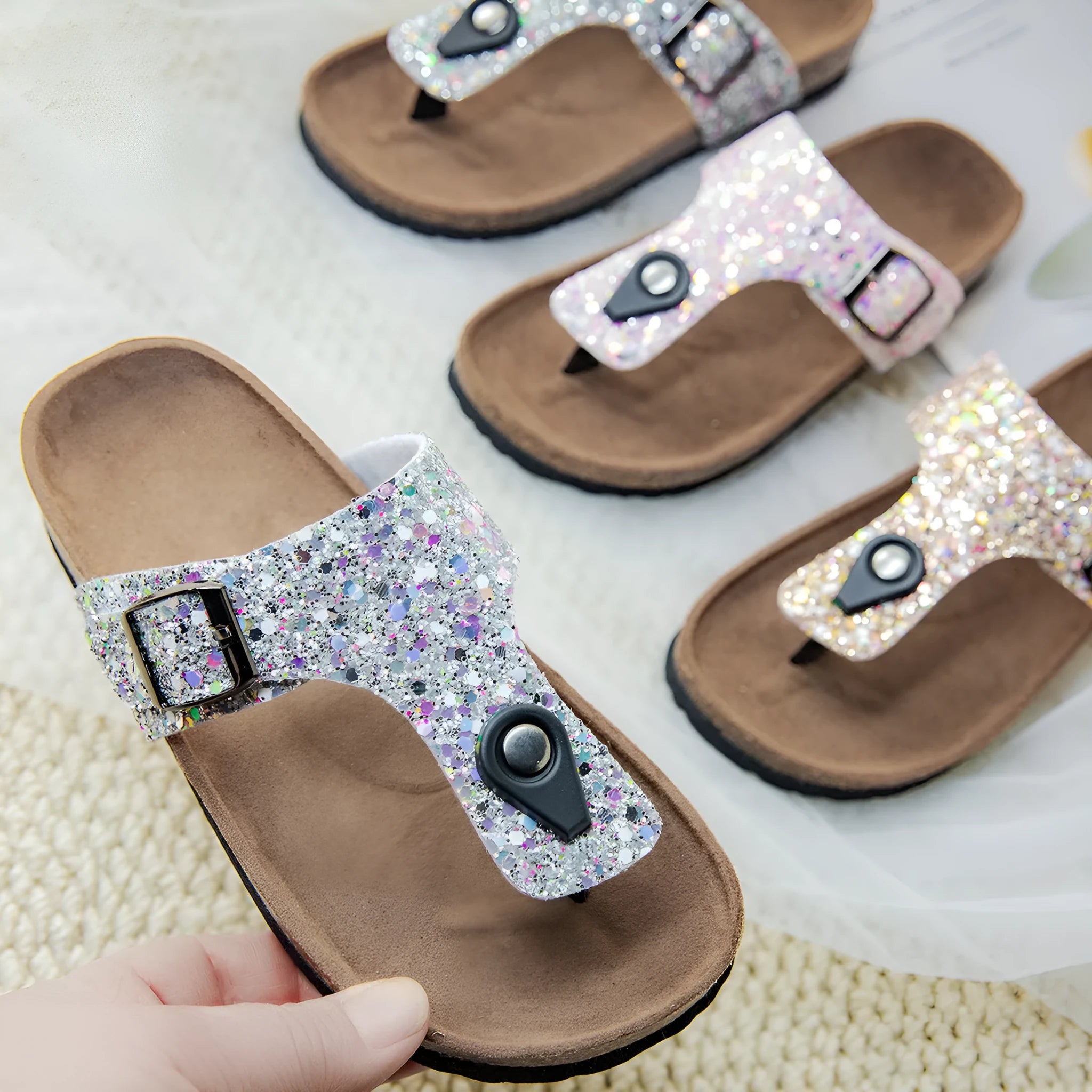 Gold pink silver cork flip-flops with waterproof artificial leather uppers and non-slip PVC soles