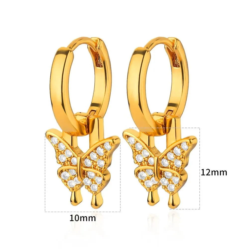 Women's geometric butterfly earrings with heart, star, and bow designs in copper with diamond treatment