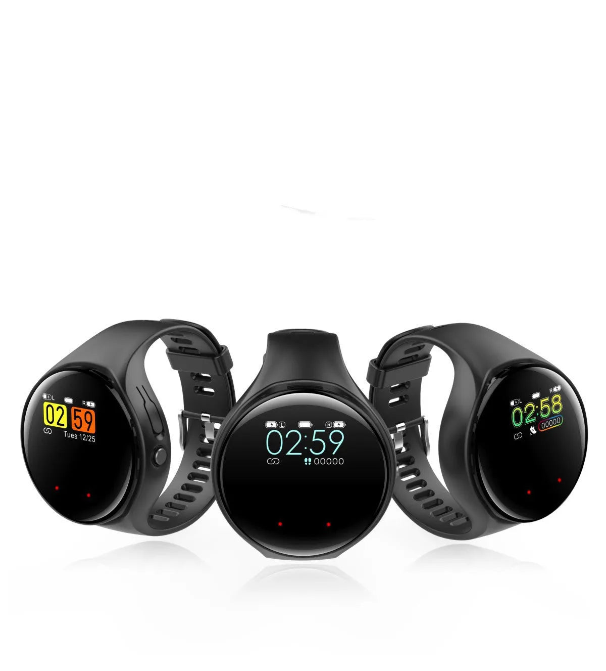 Black Bluetooth headset attached to a smart bracelet with colour screen for heart rate and step tracking.