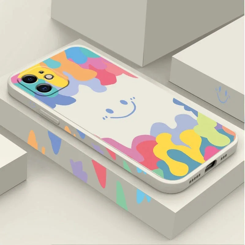 Rainbow smiley face TPU silicone phone case with lanyard for iPhone 12 13 14 series, white variant