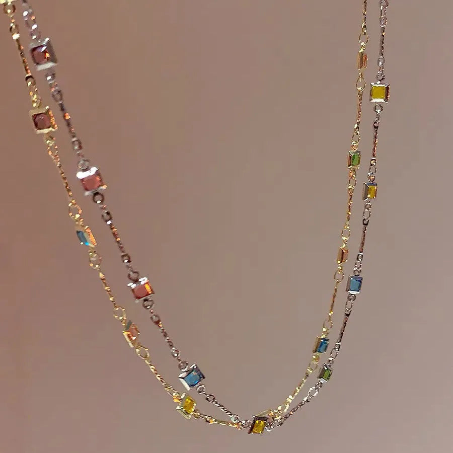 Square colour geometric clavicle chain necklace with artificial crystal details on alloy chain