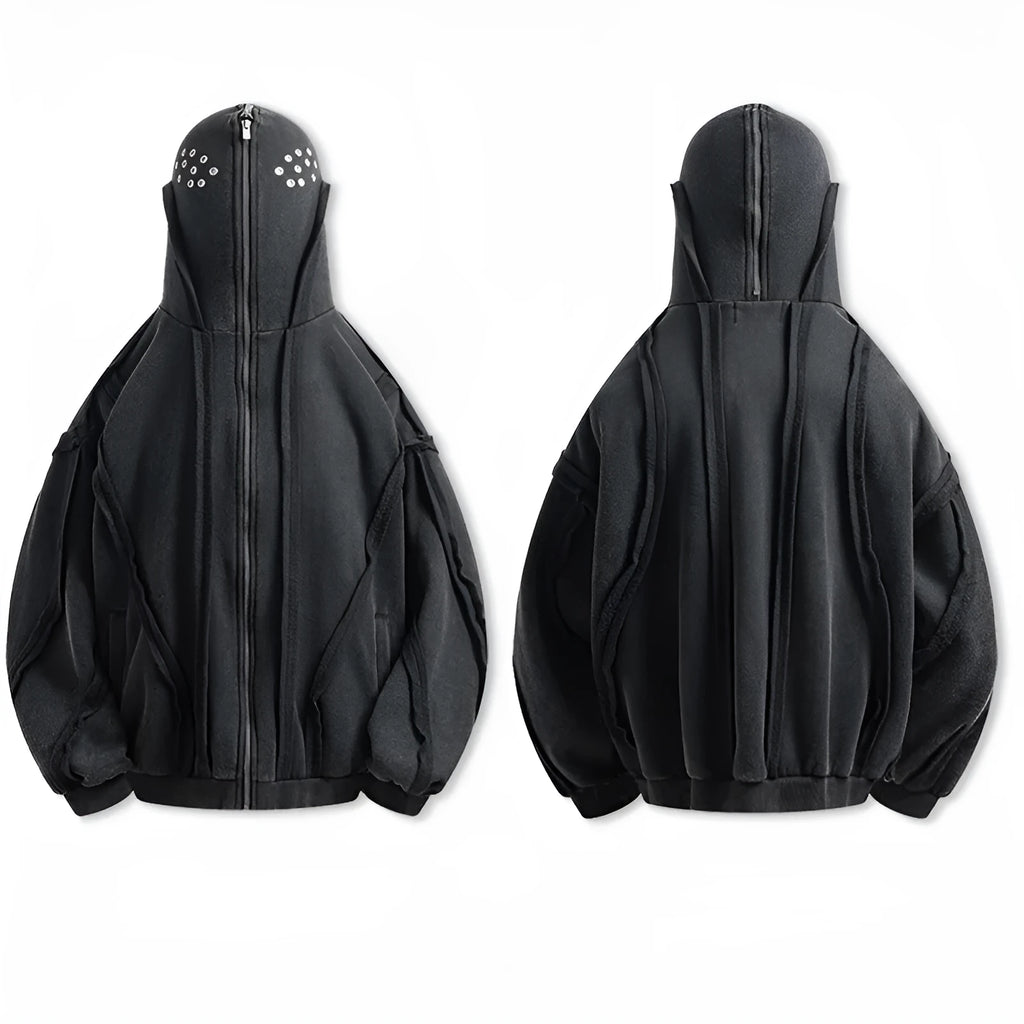 Black loose-fit cotton padded hooded coat with an abstract pattern, front zip, and cardigan style.
