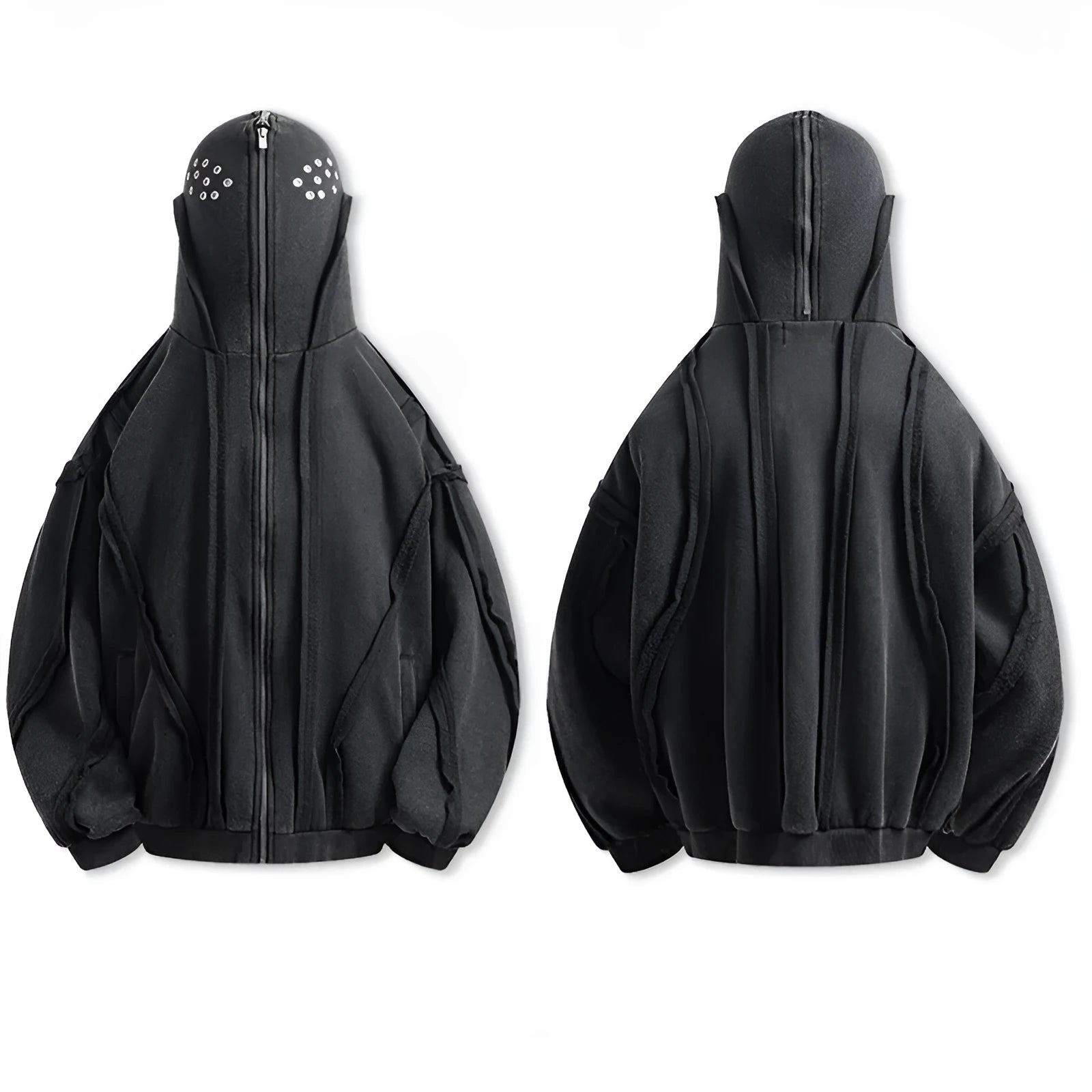 Black loose-fit cotton padded hooded coat with an abstract pattern, front zip, and cardigan style.