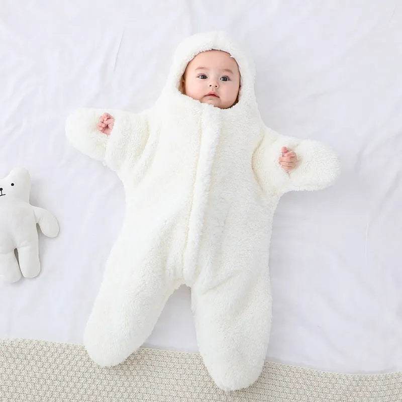 Newborn baby starfish lamb velvet sleeping bag with hood and zipper in pink, grey, light blue, and khaki for 0-6 months