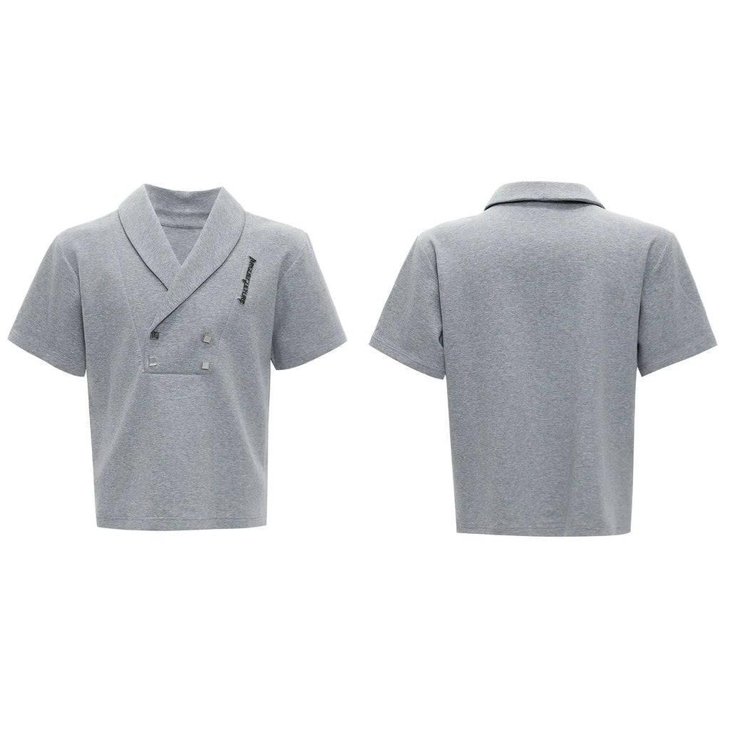 Men's dark grey V-neck cotton sports suit with padded shoulder jacket and matching shorts.