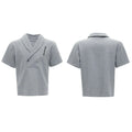 Men's dark grey V-neck cotton sports suit with padded shoulder jacket and matching shorts.