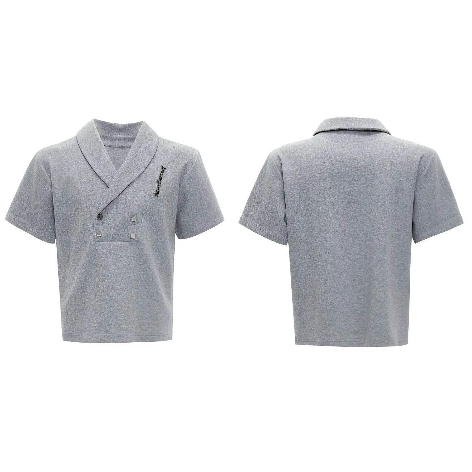 Men's dark grey V-neck cotton sports suit with padded shoulder jacket and matching shorts.