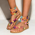 Womens ethnic style Roman sandals with beaded petal floral decoration on artificial PU upper