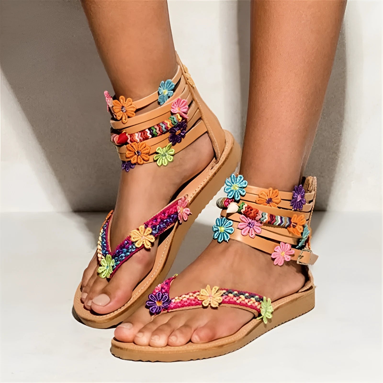 Womens ethnic style Roman sandals with beaded petal floral decoration on artificial PU upper