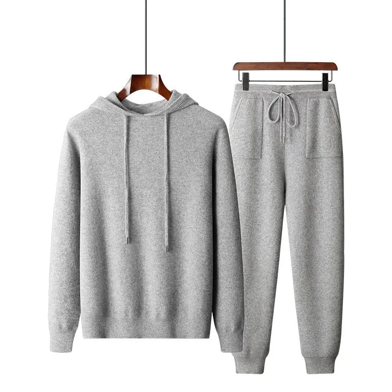 Men's light grey cashmere hooded sweatshirt and trousers two-piece set