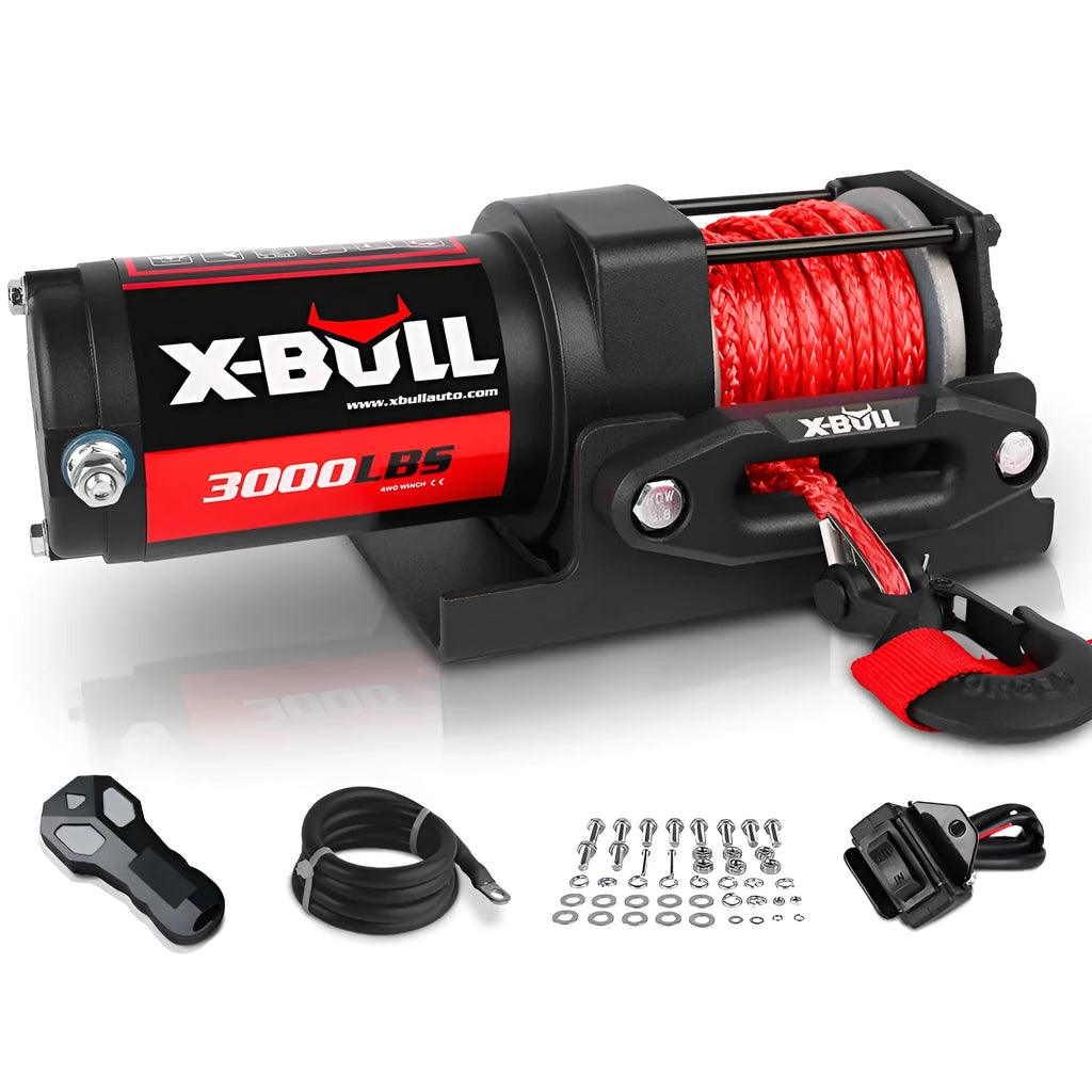 Black electric winch with nylon rope and mounting plate for off-road vehicle recovery