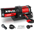 Black electric winch with nylon rope and mounting plate for off-road vehicle recovery