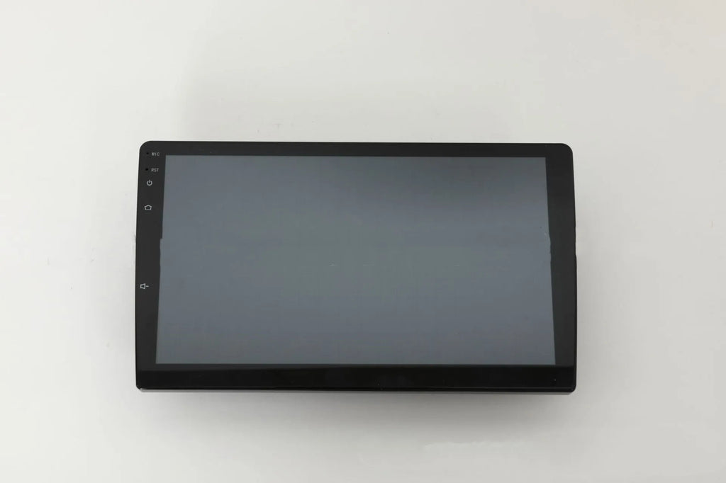 Universal Android car stereo head unit with 10.1 inch touch screen, GPS antenna, and connection cables