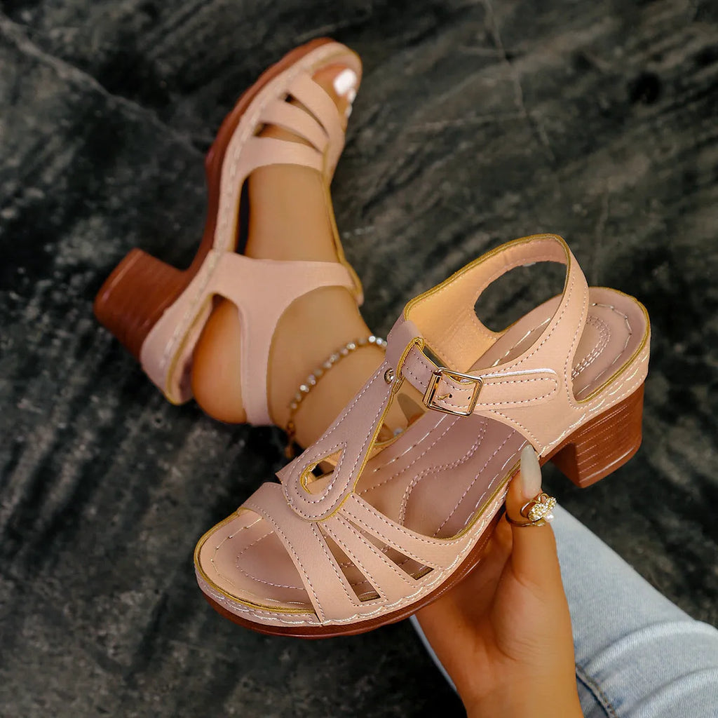 Women's peep toe wedge platform sandals with PU upper and buckle fastening in beige colour option