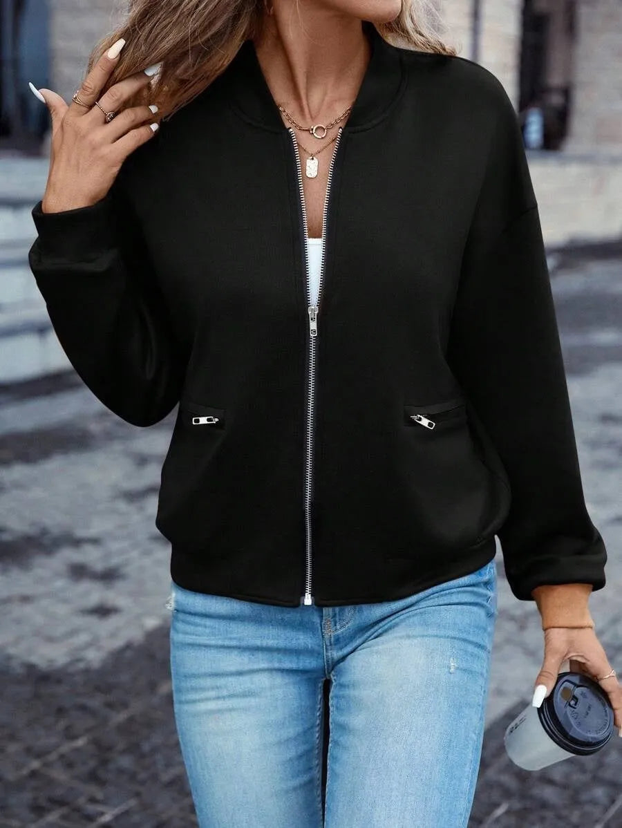 Women's black polyester zip jacket with long sleeves and faux pockets in Japanese Korean casual style