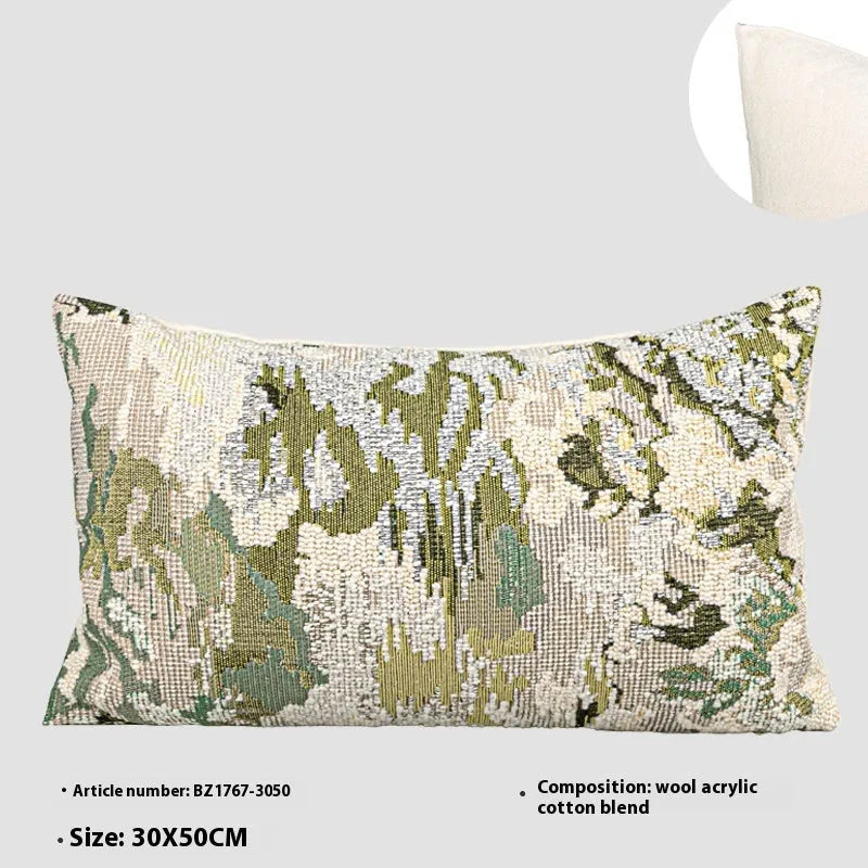 Antique green abstract floral pillow with French style botanical pattern on wool blend fabric