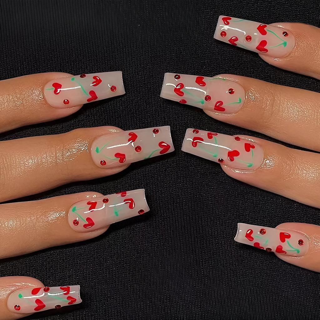 French love heart red diamond cherry nail armour sheets with glue for manicure decoration