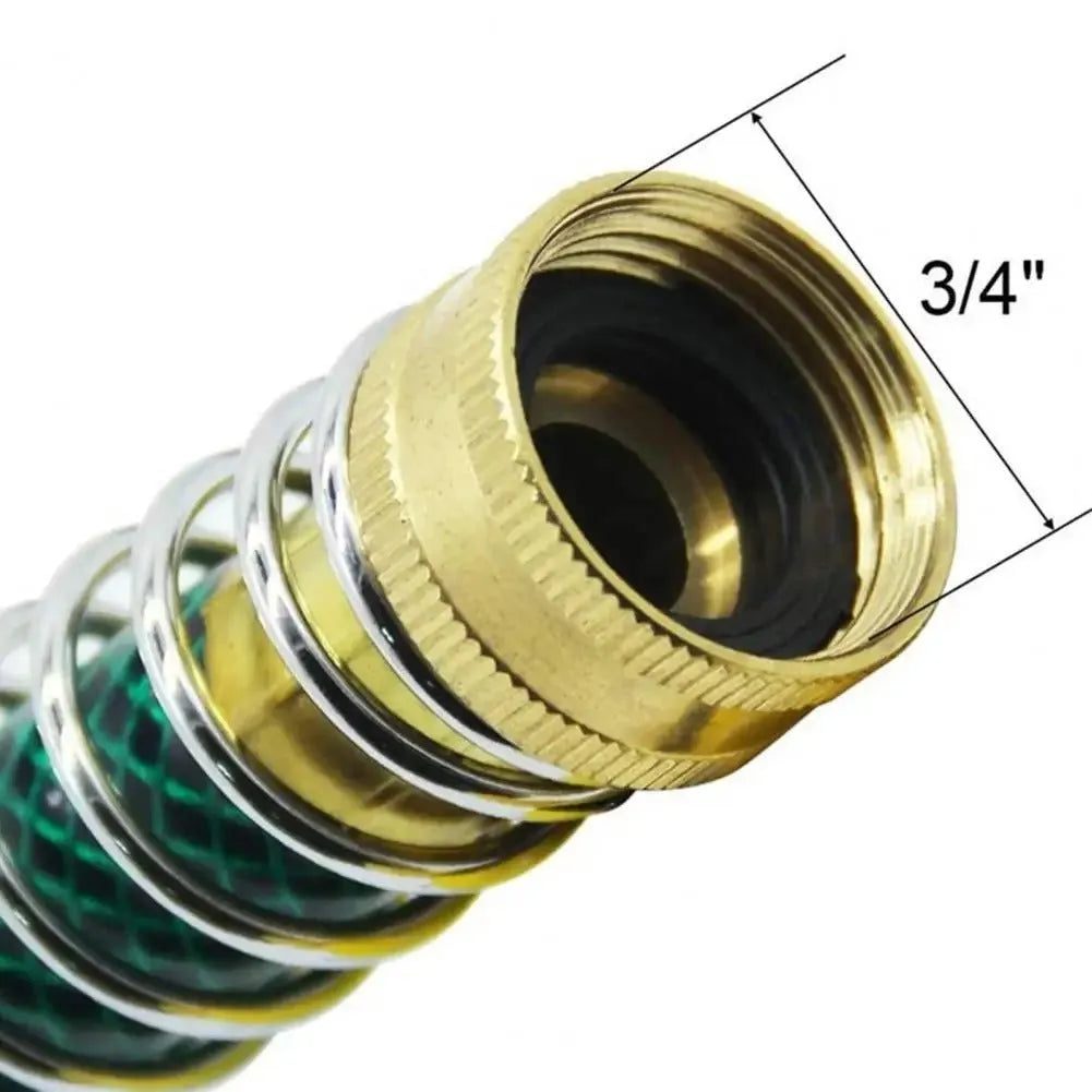 Brass garden hose connector with a visible silver spiral spring and 3/4 inch threaded ends.