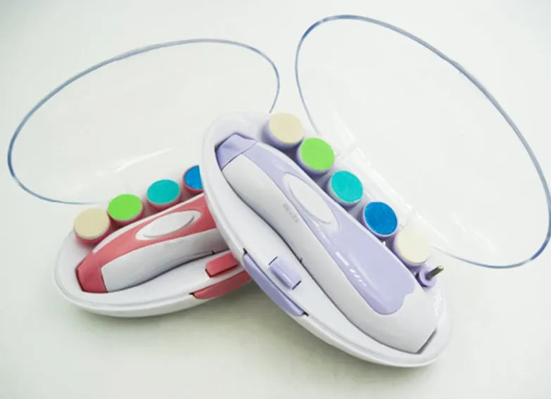 Blue electric baby nail polisher tool with rounded head for infant and toddler grooming