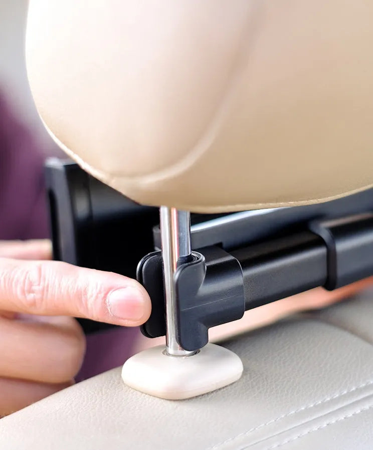 Black car phone holder with rear seat base mount for tablets and smartphones