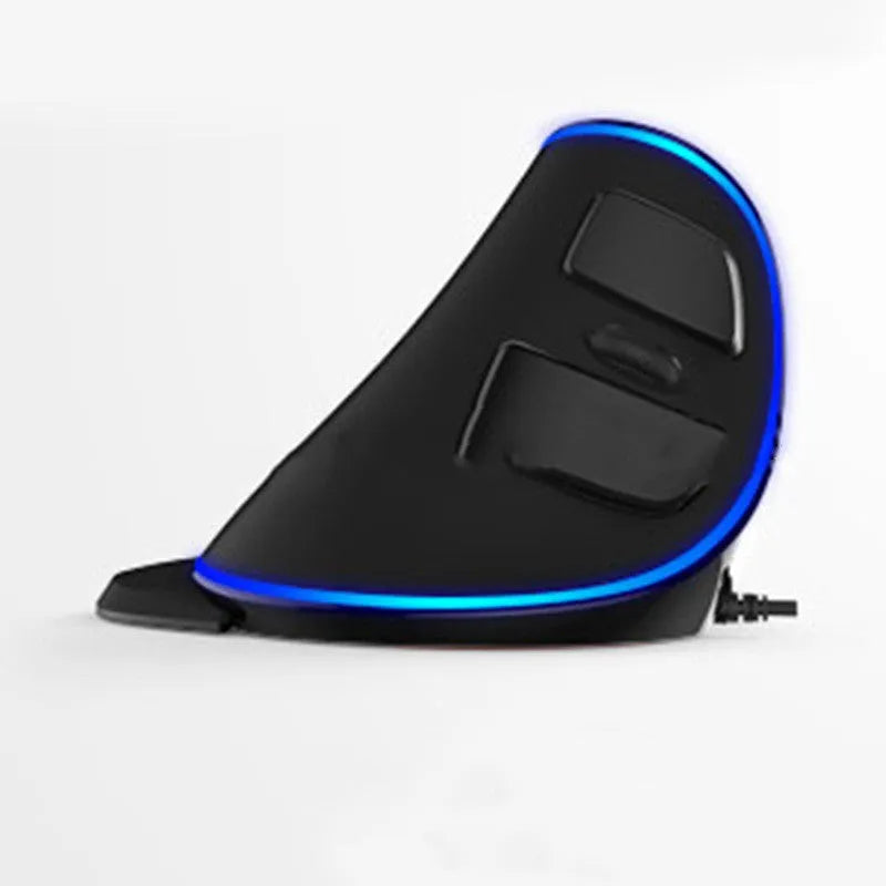 Vertical ergonomic wired computer mouse with RGB lighting, shown in three style variants.