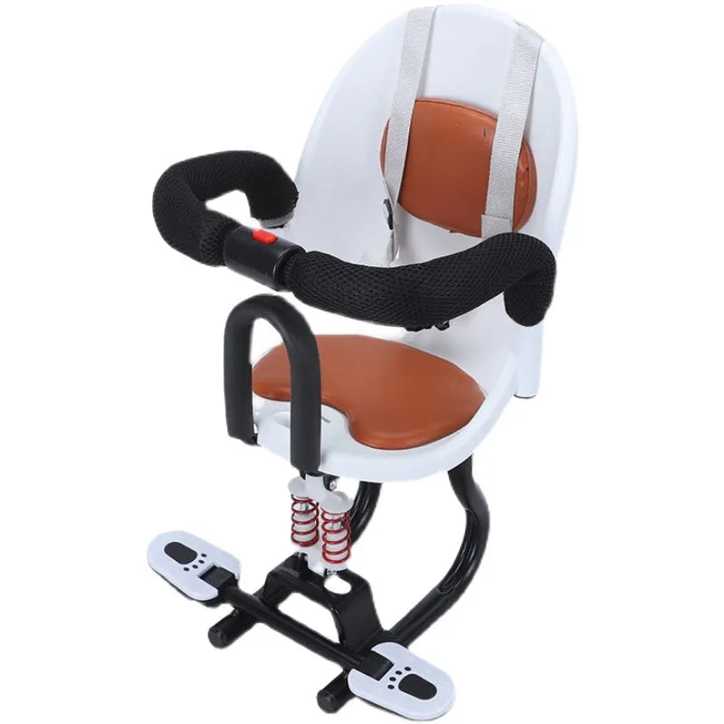 Front-mounted high carbon steel child seat for battery scooters in black, red, or white.