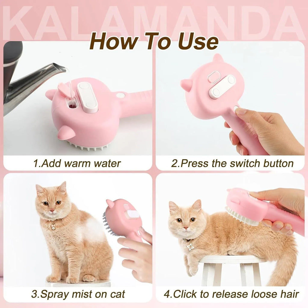 Blue cat steam brush with ergonomic handle, rubber bristles and one-click release button for pet grooming