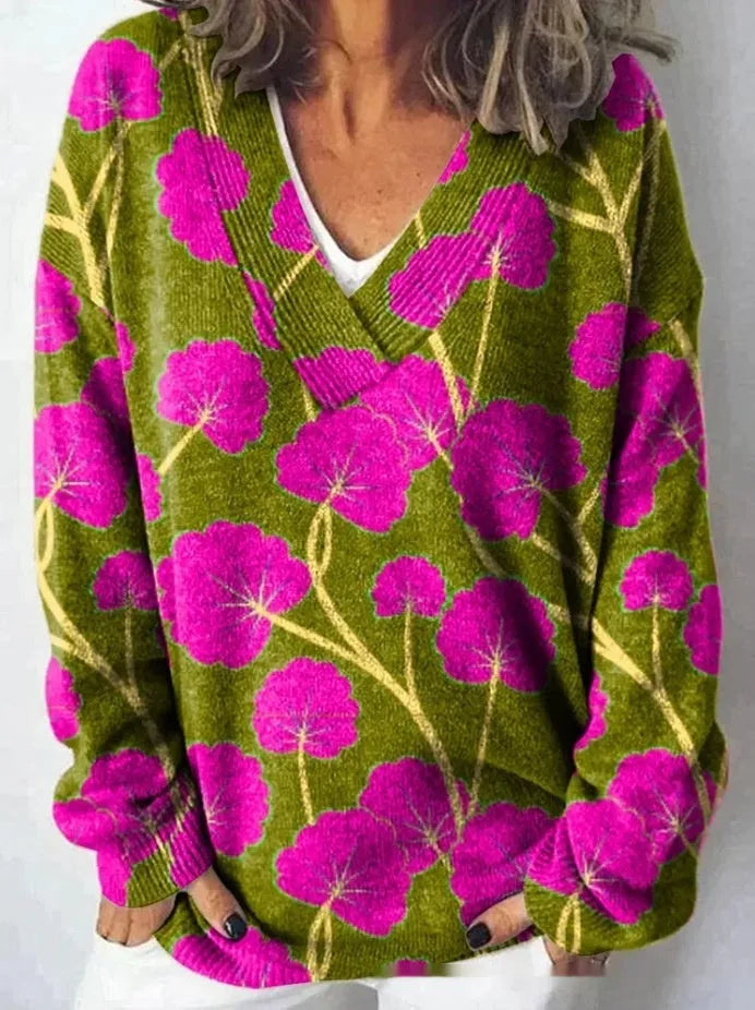 Women's floral print V-neck long sleeve sweatshirt with 3D pattern effect