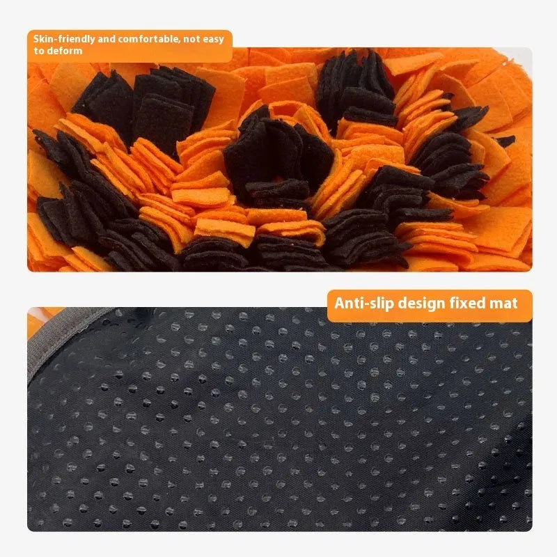 Orange pumpkin-shaped pet smell mat with textured polar fleece surface for slow feeding