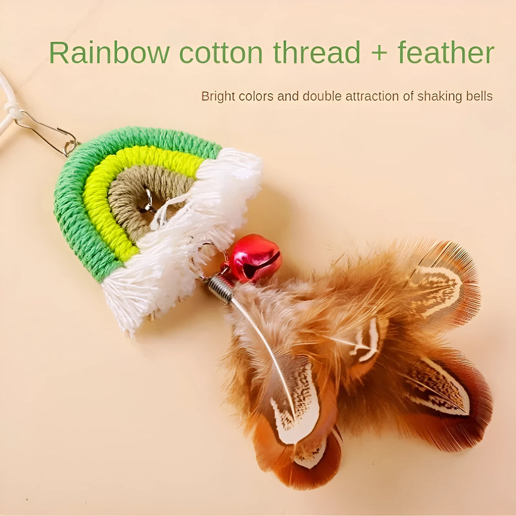 Feather cat rope door swing toy with elastic sticky buckle, available in blue, green, and pink