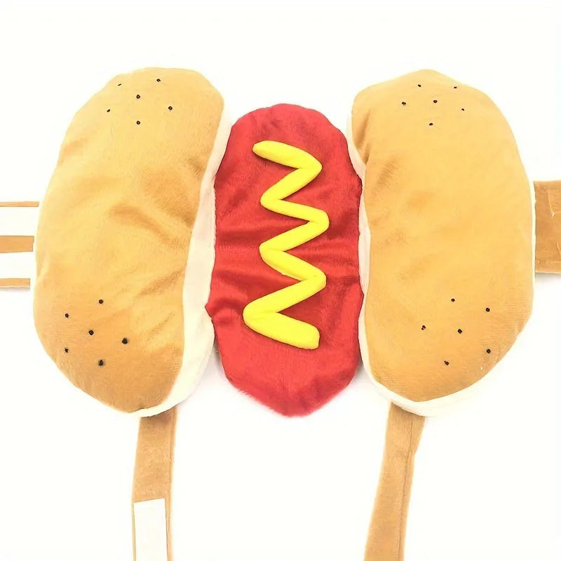 Red and brown plush hot dog costume on a small dog, showing velcro neck fastening.