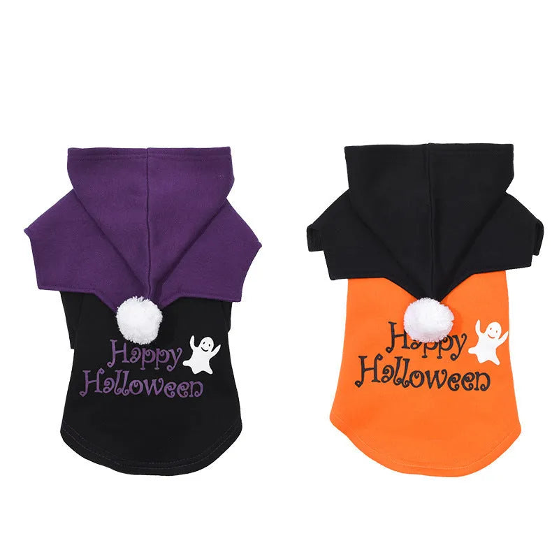 Halloween pumpkin two-piece dog clothes set in orange cotton with separate shawl, sizes S to XXL