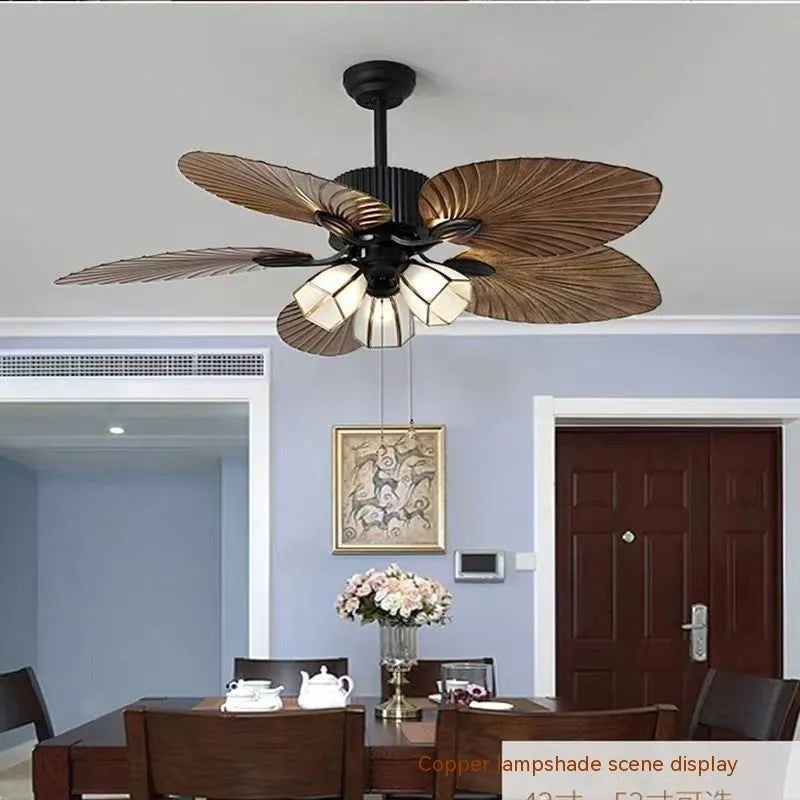 Retro-style ceiling fan light with wooden blades and five copper lampshades