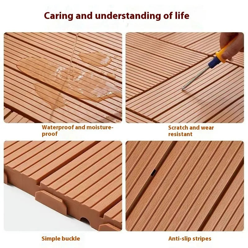 Plastic interlocking floor tiles in wood grain finish showing non-slip surface and edge connection.
