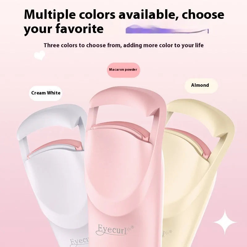 Electric eyelash curler with USB charging cable in cream white colour showing curling mechanism