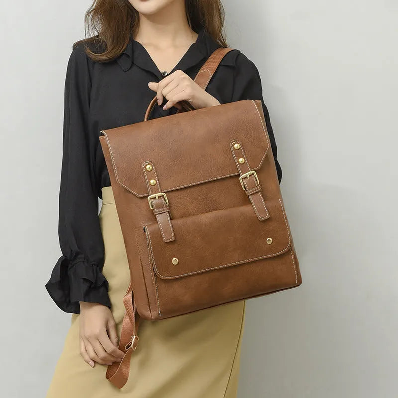 Korean style retro backpack in soft PU material, shown in creamy white colour.