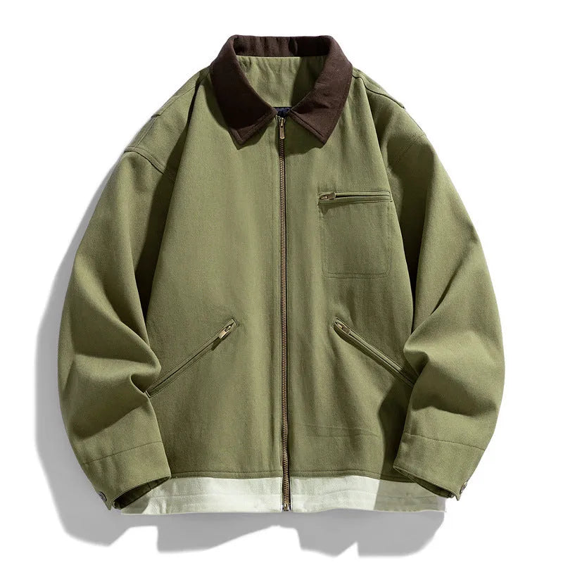 Men's American retro workwear jacket with contrast lapels in loose fit, shown in available colour options