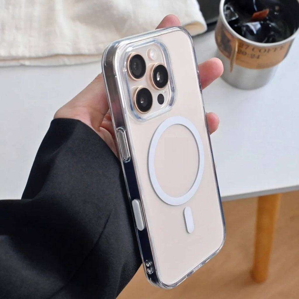 Transparent magnetic phone case with photo capacitor button for iPhone 16 series, back cover view