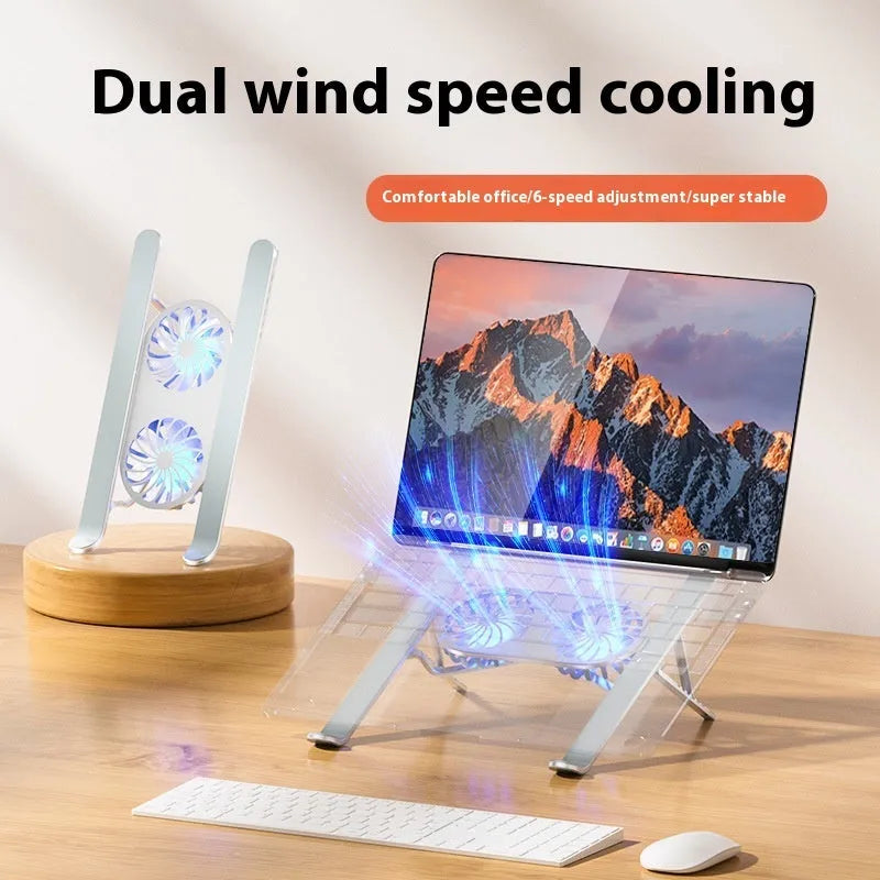 Silver aluminium laptop stand with twin cooling fans in folded position beside notebook computer