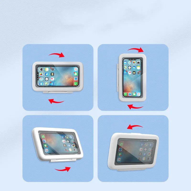 White waterproof phone holder mounted on shower tile with phone inside, showing touch screen.