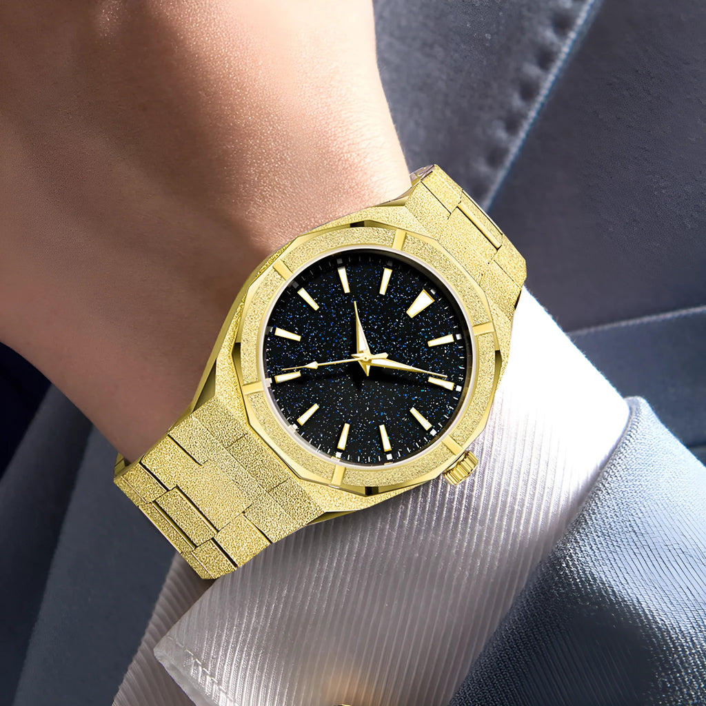 Men's stainless steel business watch with frosted case and luminous hands in black, gold or silver options